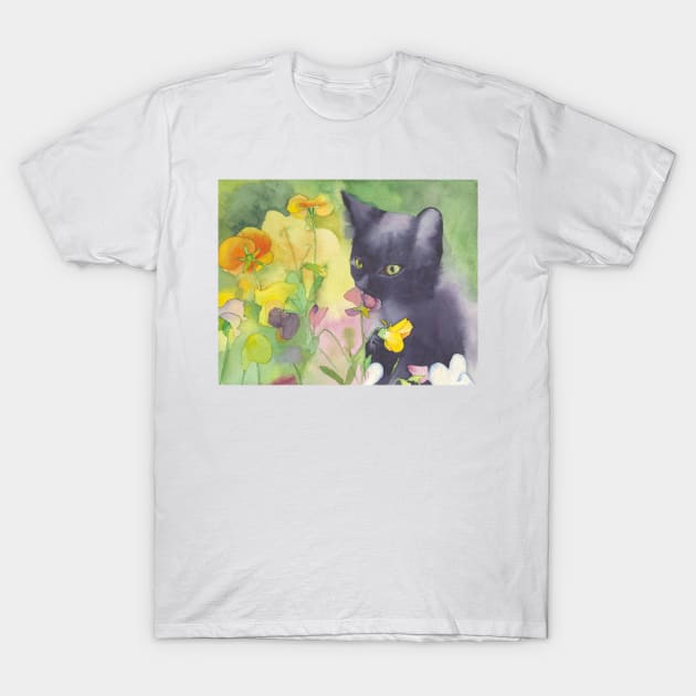 Cat With Flowers, watercolor painting T-Shirt by Sharon Rose Art